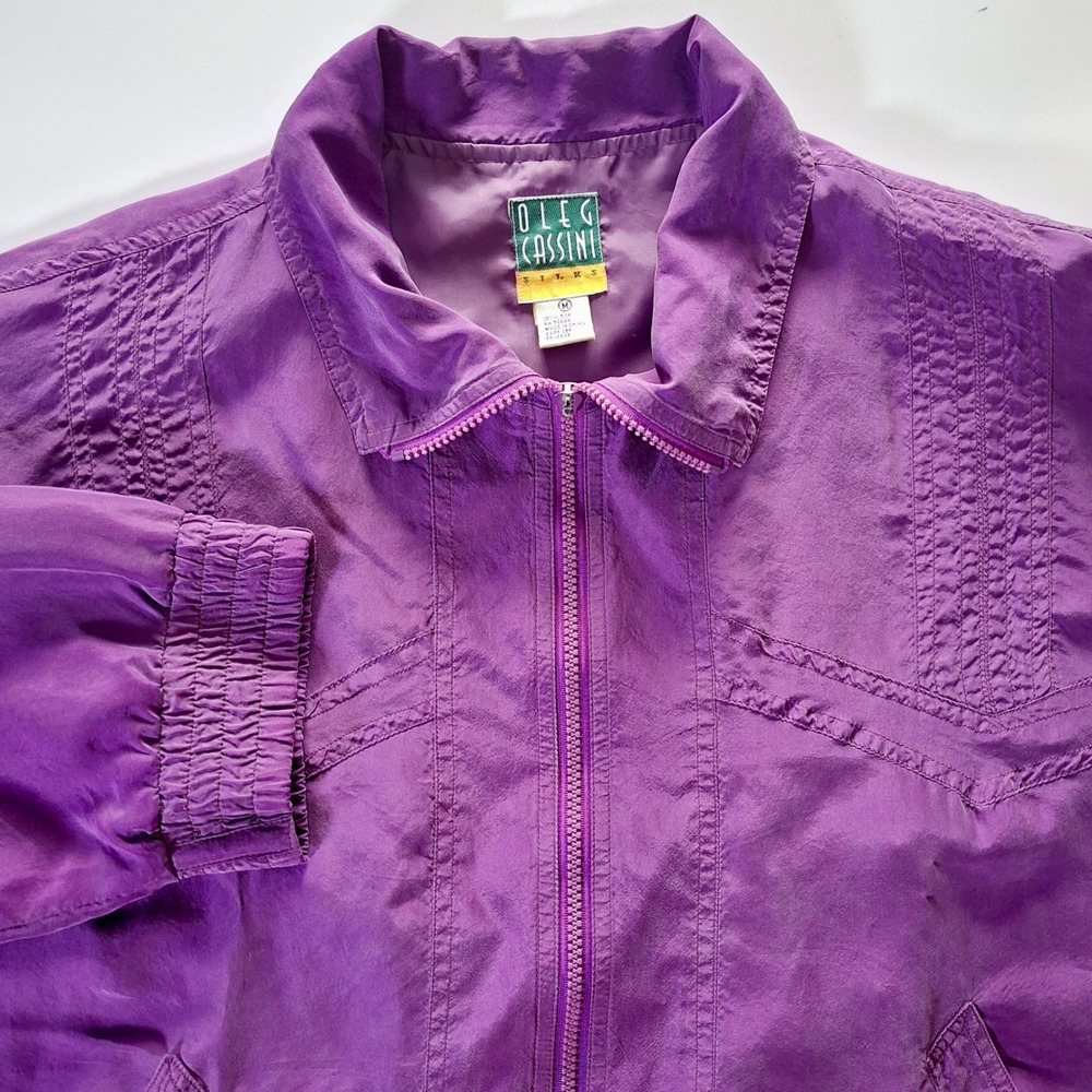 Oleg Cassini Silks Vintage 100% Silk Bomber Jacket Purple Mens Medium Retro 80s - Picture 3 of 7